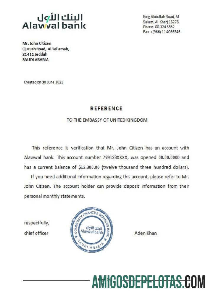 Referência do Banco Alawwal da Arábia Saudita baixar para verificação